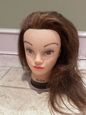 Beauticians head practice doll beauty school hairdresser long hair named Helen